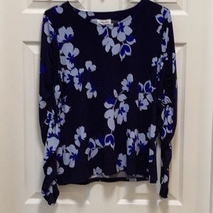 Calvin Klein runched long sleeve navy and light blue blouse